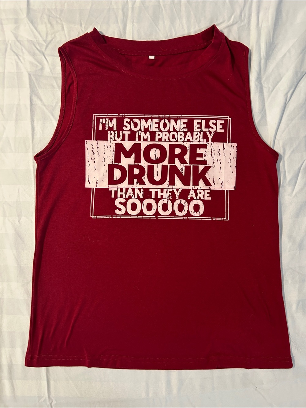 Graphic Sleeveless Tank — Burgundy with White Text